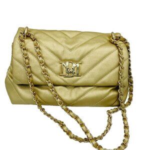 Badgley Mischka Purse Womens Gold Handbag Shoulder Bag Carry Wallet Chain Quilt